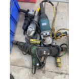 AN ASSORTMENT OF POWER TOOLS TO INCLUDE THREE ANGLE GRINDERS AND TWO DRILLS ETC