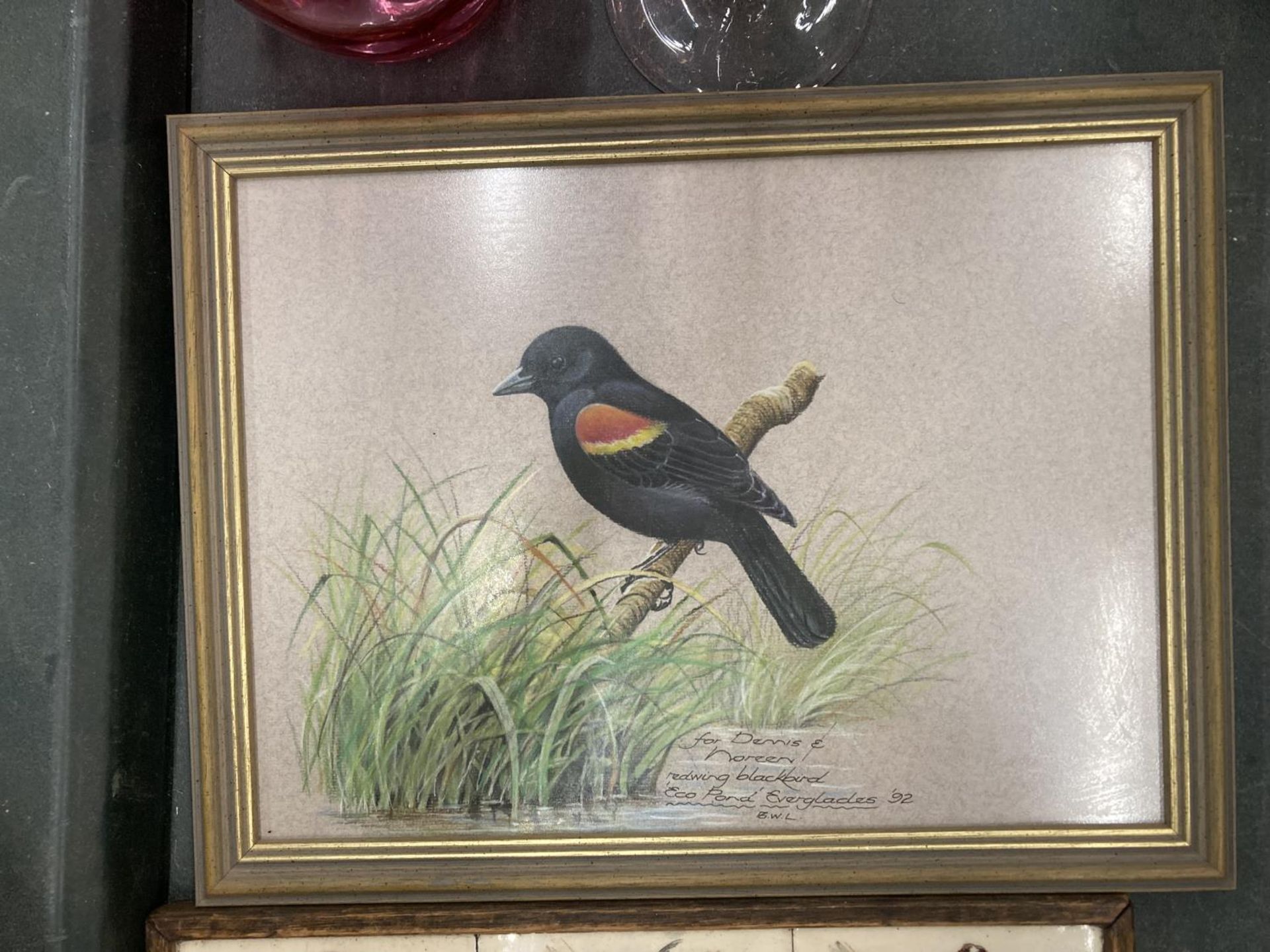 A FRAMED TILE OF A REDWING BLACKBIRD AND SIX FURTHER TILES IN A FRAME - Image 3 of 3