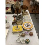 A MIXED LOT TO INCLUDE VINTAGE TINS, JEWELLED TRINKET POTS, WINDCHIME, WOODEN ELEPHANT, ETC.,