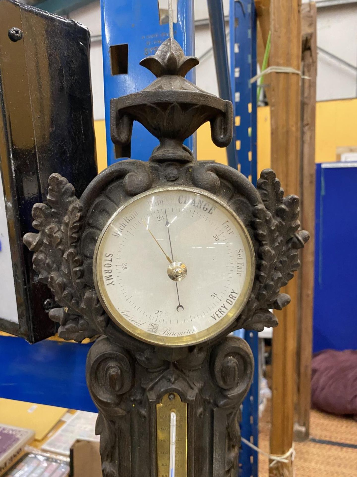 A 19TH CENTURY COALBROOKDALE STYLE CAST METAL WALL CLOCK / BAROMETER, HEIGHT 64CM - Image 2 of 4