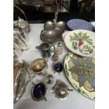 A QUANTITY OF SILVER PLATED ITEMS TO INCLUDE AN ART NOUVEAU W.M.F FIGURAL DESIGN DISH, SALTS AND
