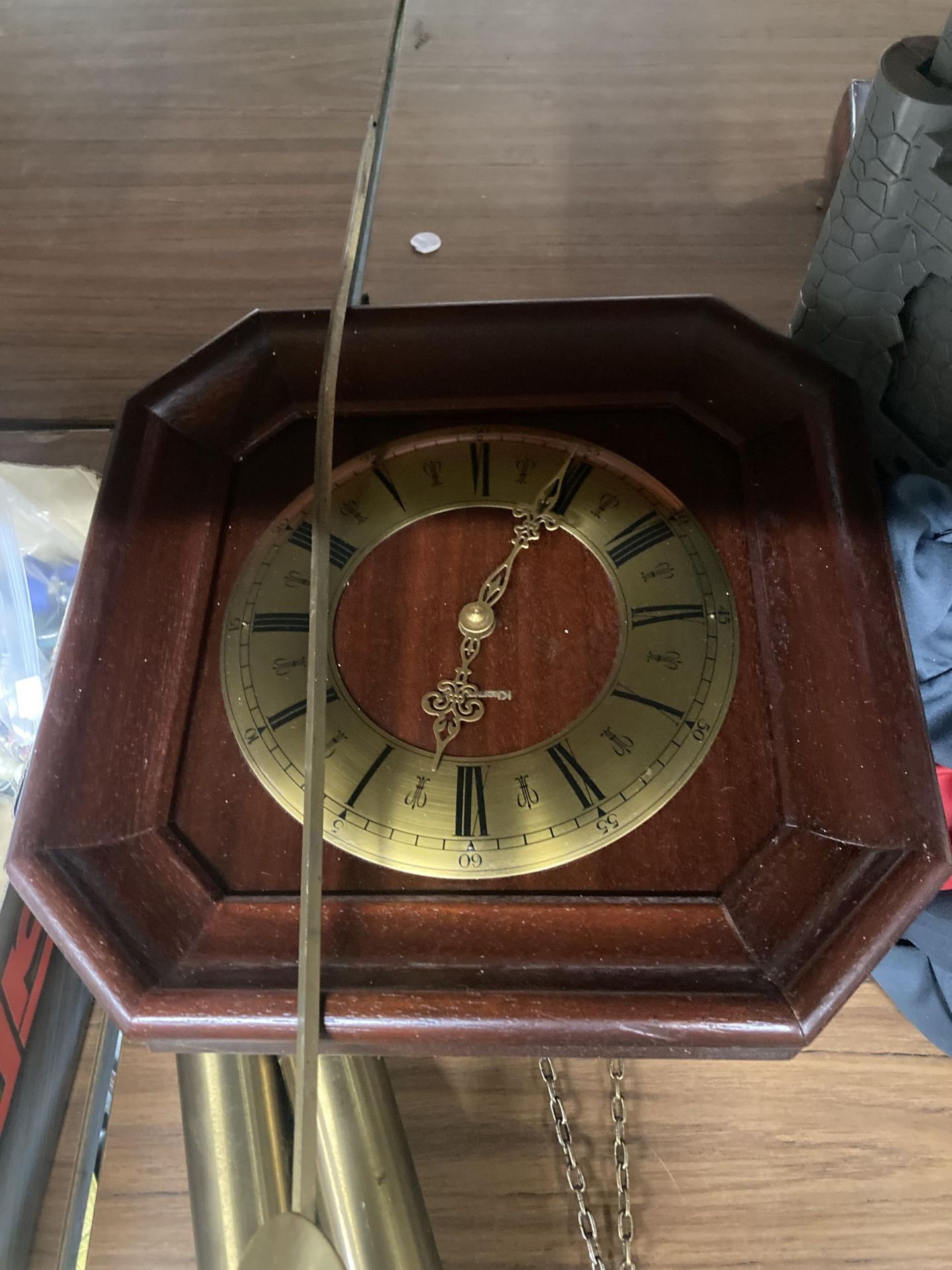 A MAHOGANY CASED WALL CLOCK WITH PENDULUM AND WEIGHTS - Image 2 of 3