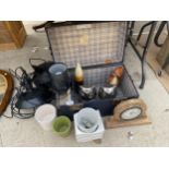 A VINTAGE TRAVEL CASE AND AN ASSORTMENT OF ITEMS TO INCLUDE PLANTERS AND OWL FIGURES ETC