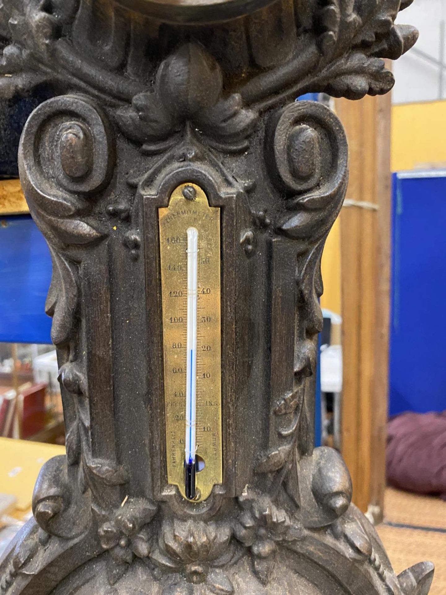 A 19TH CENTURY COALBROOKDALE STYLE CAST METAL WALL CLOCK / BAROMETER, HEIGHT 64CM - Image 4 of 4