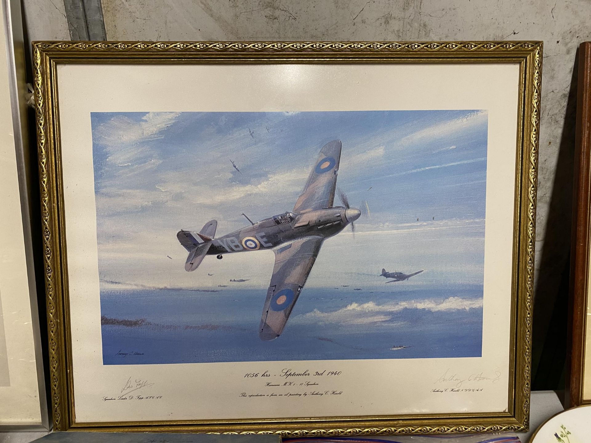 THREE FRAMED PRINTS OF FIGHTER PLANES TO INCLUDE A LANCASTER BOMBER AND SPITFIRE WITH PENCIL - Image 2 of 4
