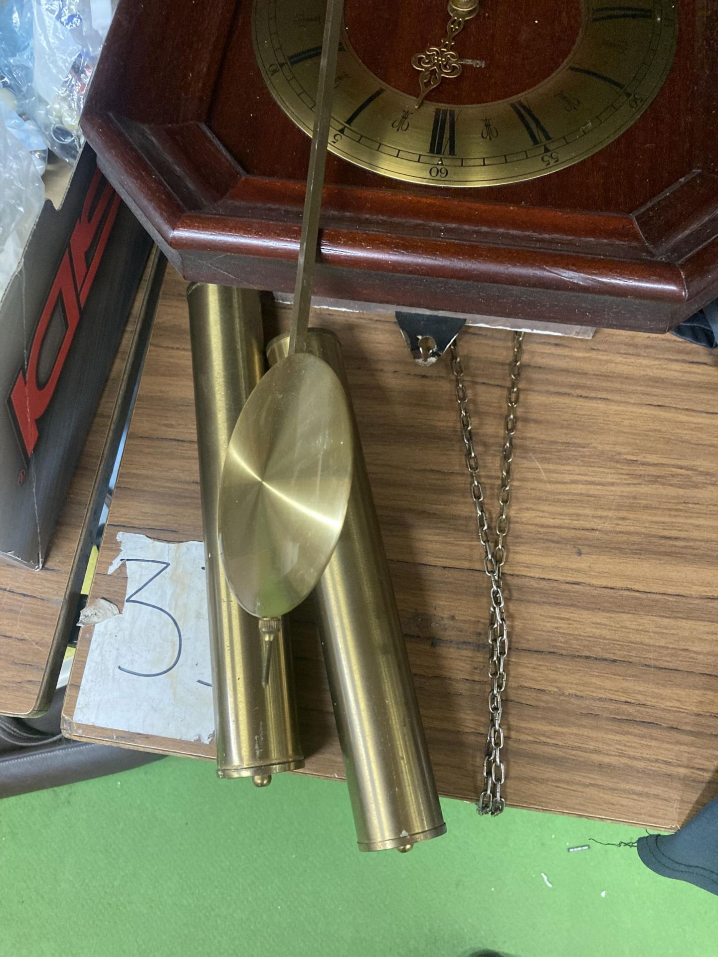 A MAHOGANY CASED WALL CLOCK WITH PENDULUM AND WEIGHTS - Image 3 of 3