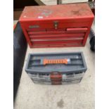 A STACKON METAL TOOL CHEST, A PLASTIC HARDWARE CHEST WITH HARDWARE AND A PART ROLL OF FELT