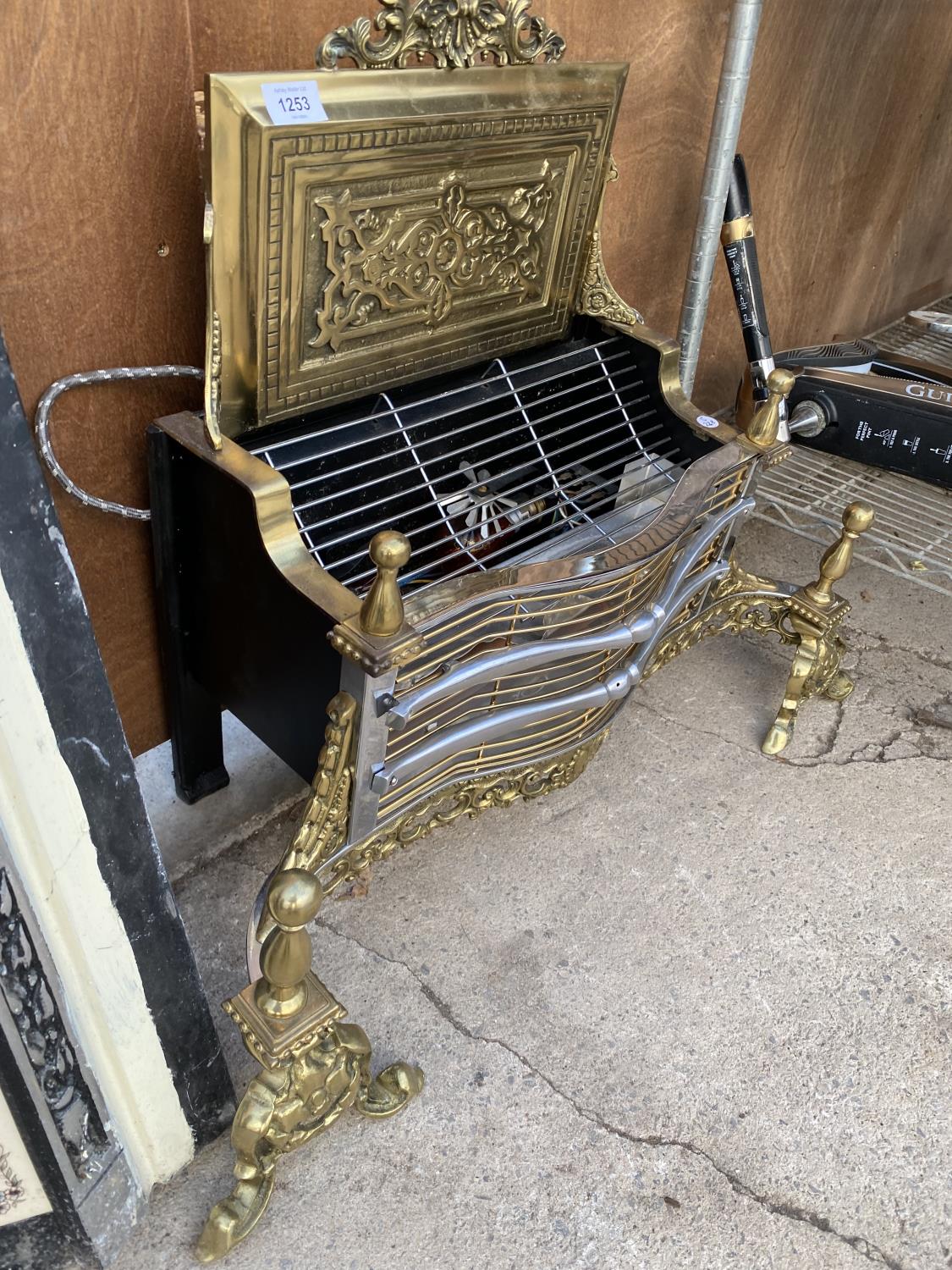 A BRASS ELECTRIC FIRE WITH FIRE DOGS ETC - Image 2 of 2