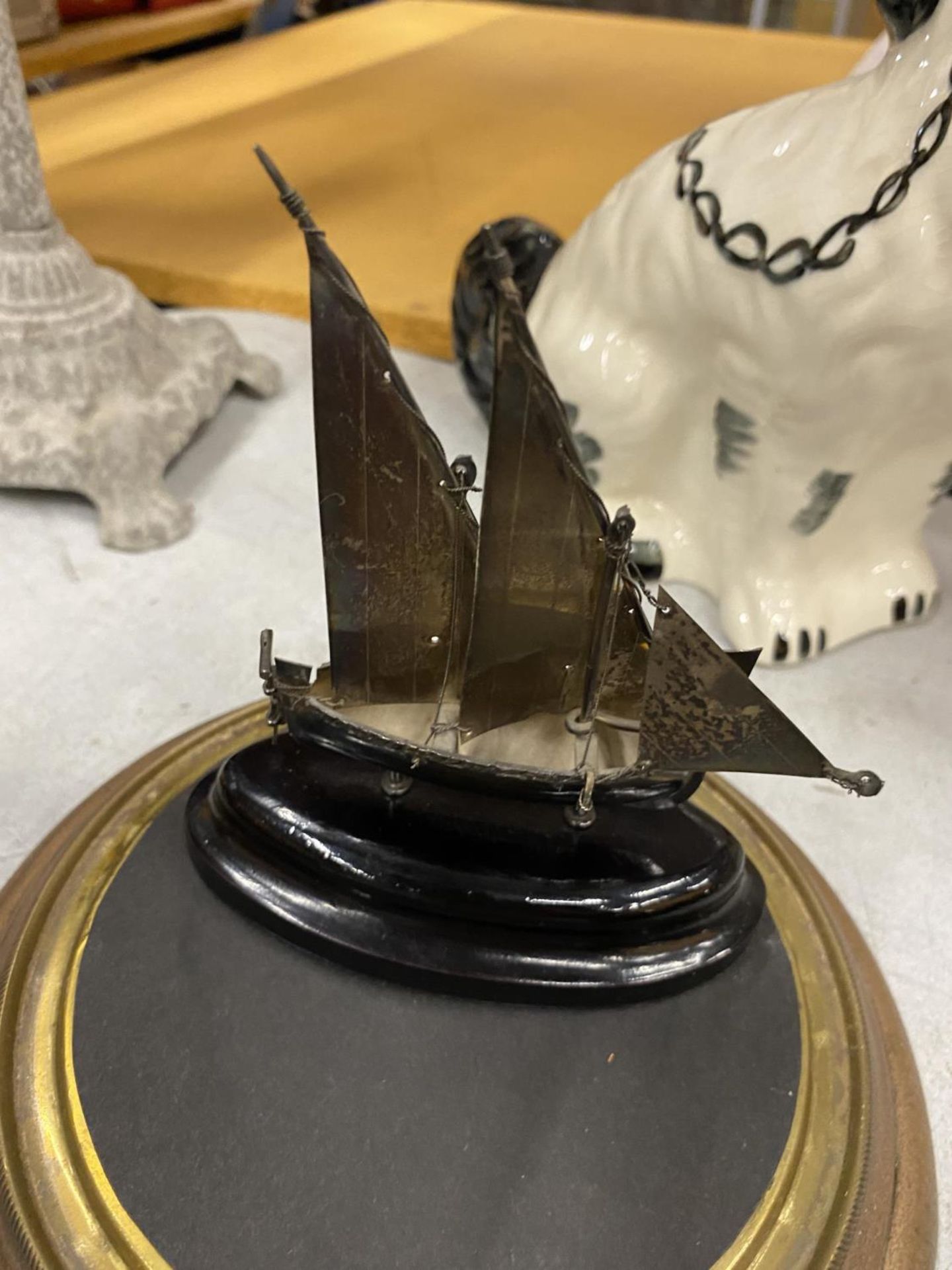 A .925 SILVER SHIP MODEL IN VINTAGE GLASS DOME - Image 2 of 3