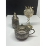 THREE ITEMS - A MATCHING HALLMARKED SILVER MUSTARD POT AND PEPPERETTE & .800 GRADE SILVER MATCH