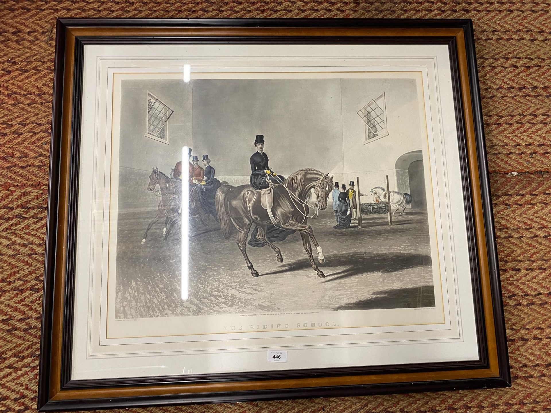 THE RIDING SCHOOL, COLOURED ENGRAVING BY CHARLES HUNT, 55X67CM, FRAMED AND GLAZED
