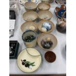A MIXED LOT TO INCLUDE STONEWARE BOWLS, PORCELAIN EGGS, OLIVE DISH, MARBLES, ETC.,