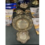 TWO VINTAGE SILVER PLATED ITEMS - PEDESTAL BOWL WITH PIERCED GALLERY DESIGN AND SMALLER DISH