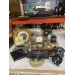 A MIXED LOT TO INCLUDE VINTAGE CLOCKS, MARBLE DESK LIGHTER, FISHING REEL, WATCHES, ETC.,