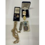 TWO BOXED MASONIC MEDALS, BADGES AND A VINTAGE POLICEMAN'S WHISTLE ON CORD