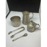 A MIXED LOT OF ITEMS TO INCLUDE SILVER MUSTARD POT, WHITE METAL CONTINENTAL JUG & SUGAR BOWL, SILVER
