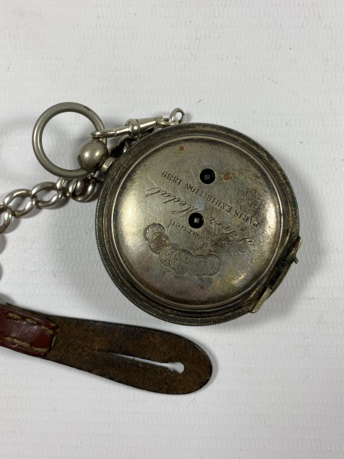 A .935 SILVER OPEN FACED POCKET WATCH WITH PLATED ALBERT CHAIN AND HALLMARKED SILVER FOB - Image 2 of 2