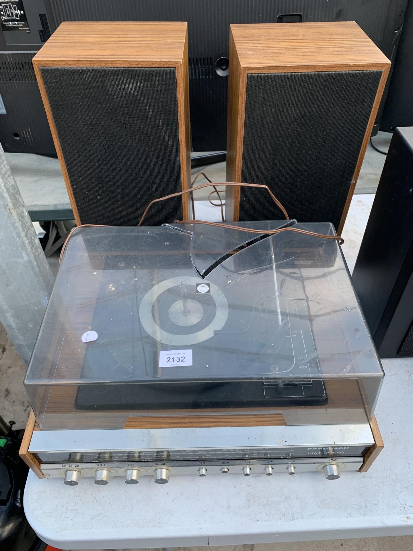 A FERGUSON RECORD PLAYER AND A PAIR OF WOODEN CASED SPEAKERS
