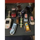 A QUANTITY OF CAR TOYS TO INCLUDE A DINKY TOYS SPECTRUM PURSUIT VEHICLE, A CORGI BULLDOZER, LARGE