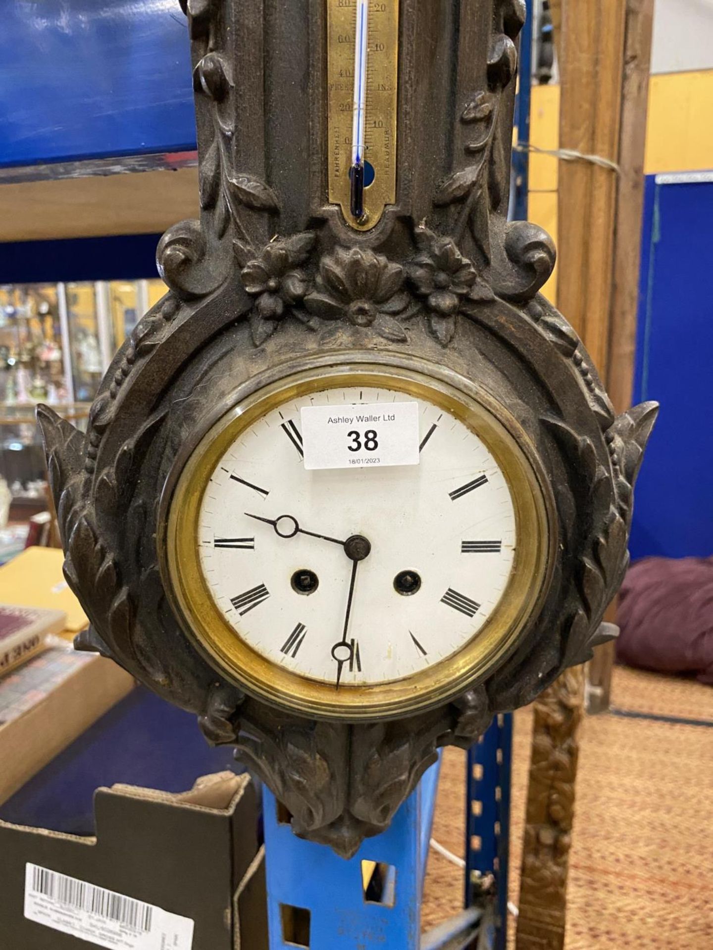 A 19TH CENTURY COALBROOKDALE STYLE CAST METAL WALL CLOCK / BAROMETER, HEIGHT 64CM - Image 3 of 4