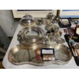 A LARGE QUANTITY OF ITEMS TO INCLUDE A SMALL HALLMARKED SILVER CREAM JUG, SILVER HAND WARMER, TRAYS,