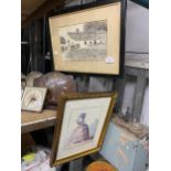 TWO FRAMED PRINTS, ONE A PARIS FASHION PLATE, THE OTHER A FARMHOUSE