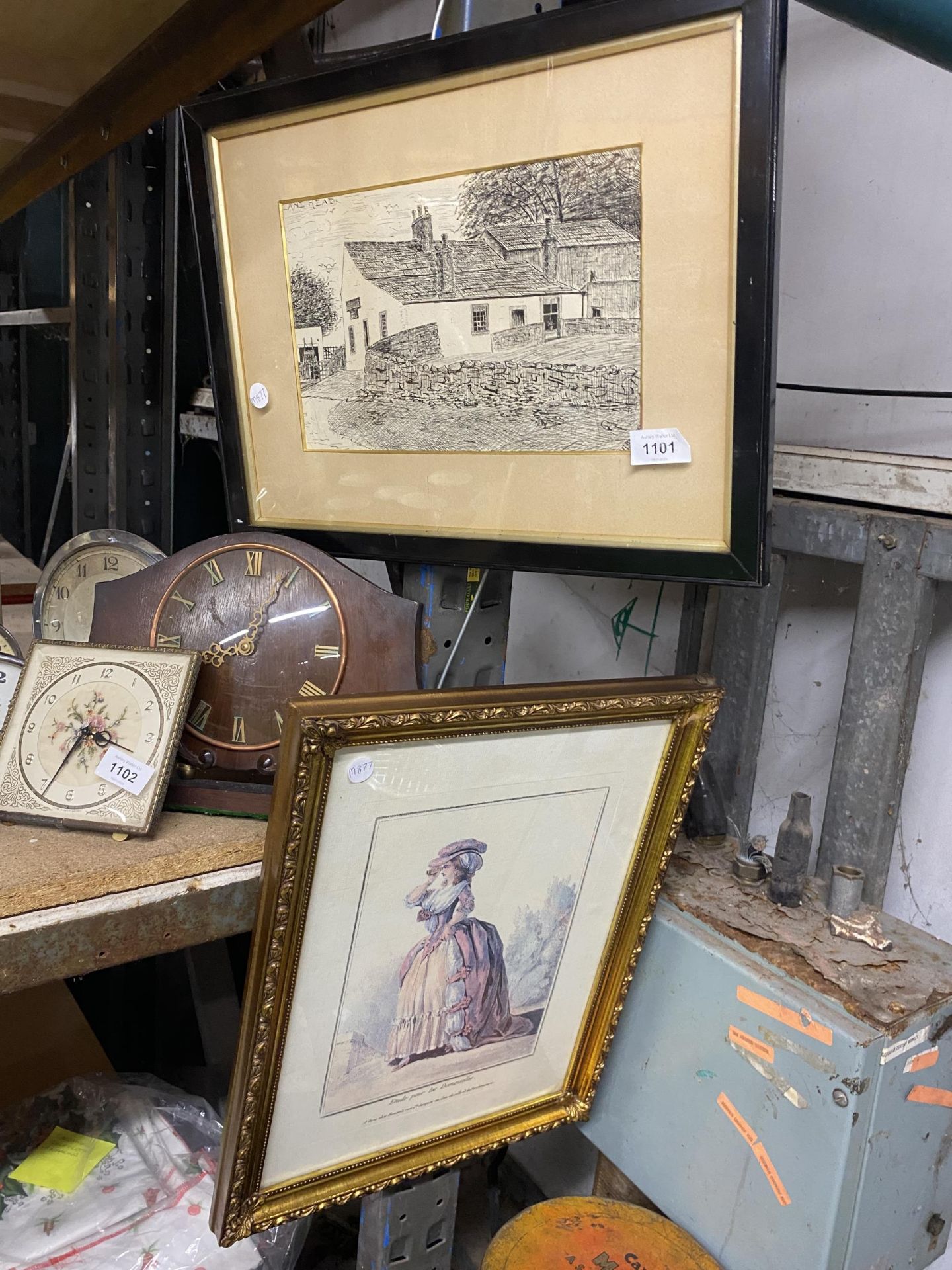 TWO FRAMED PRINTS, ONE A PARIS FASHION PLATE, THE OTHER A FARMHOUSE