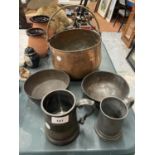 A COPPER RANGE COOKING POT, TWO COPPER DISHES PLUS TWO PEWTER TANKARDS