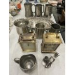 A QUANTITY OF PEWTER TANKARDS, CARRIAGE CLOCKS, ETC