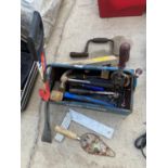 A METAL TOOL TRAY WITH AN ASSORTMENT OF TOOLS TO INCLUDE HAMMERS AND A BRACE DRILL ETC