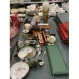 A MIXED LOT TO INCLUDE CLOCKS, BAROMETERS, BUNNYKINS, CERAMICS, LETTER OPENERS, ETC.,