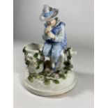 A CONTINENTAL PORCELAIN FIGURE OF A FLUTE PLAYER, BLUE SIGNED MARK TO BASE