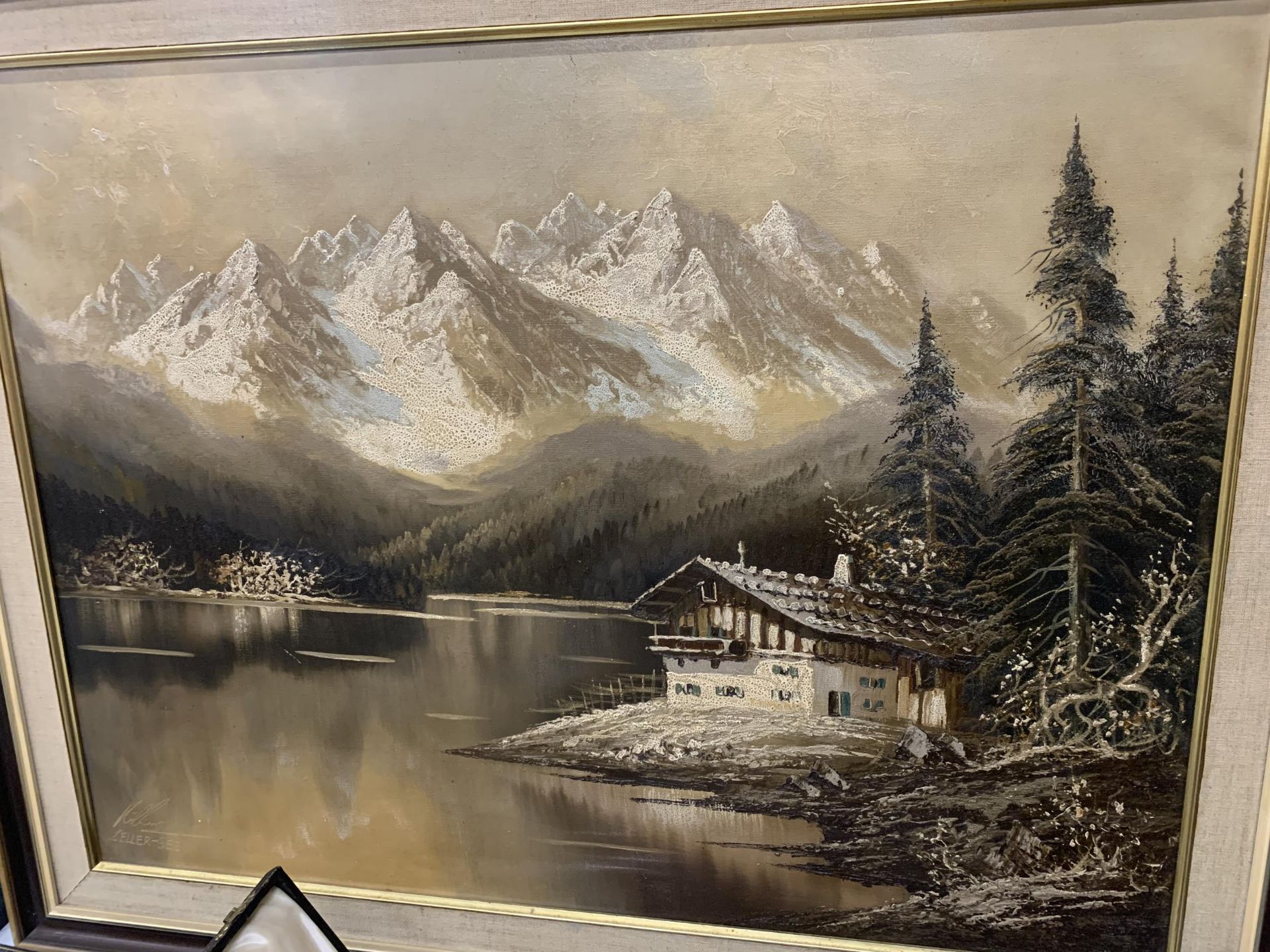 A LARGE OIL PAINTING ON CANVAS OF A SWISS MOUNTAIN SCENE SIGNED ZELLER-SEE - Image 2 of 3