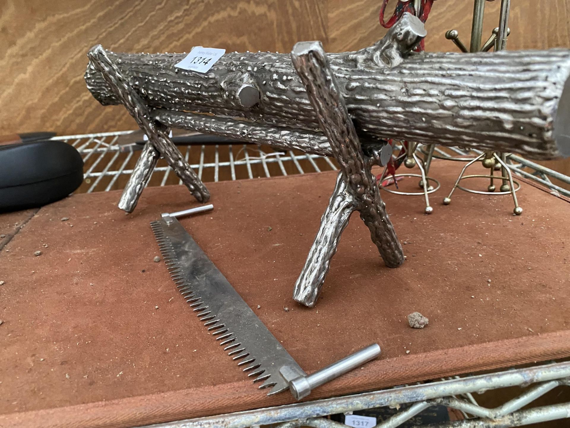 A MINITURE SILVER PLATED LOG STAND, LOG AND CROSS CUT SAW - Image 2 of 3