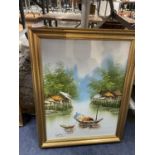 A GILT FRAMED OIL ON CANVAS OF AN ORIENTAL SCENE