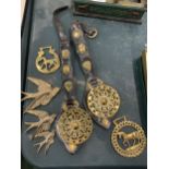 A QUANTITY OF HORSE BRASSES PLUS THREE GRADUATING BRASS SWIFT BIRDS