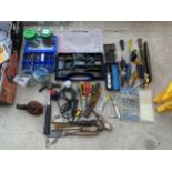 AN ASSORTMENT OF TOOLS AND HARDWARE TO INCLUDE SCREWS, A HAMMER, A SOLDERING IRON AND SCREW