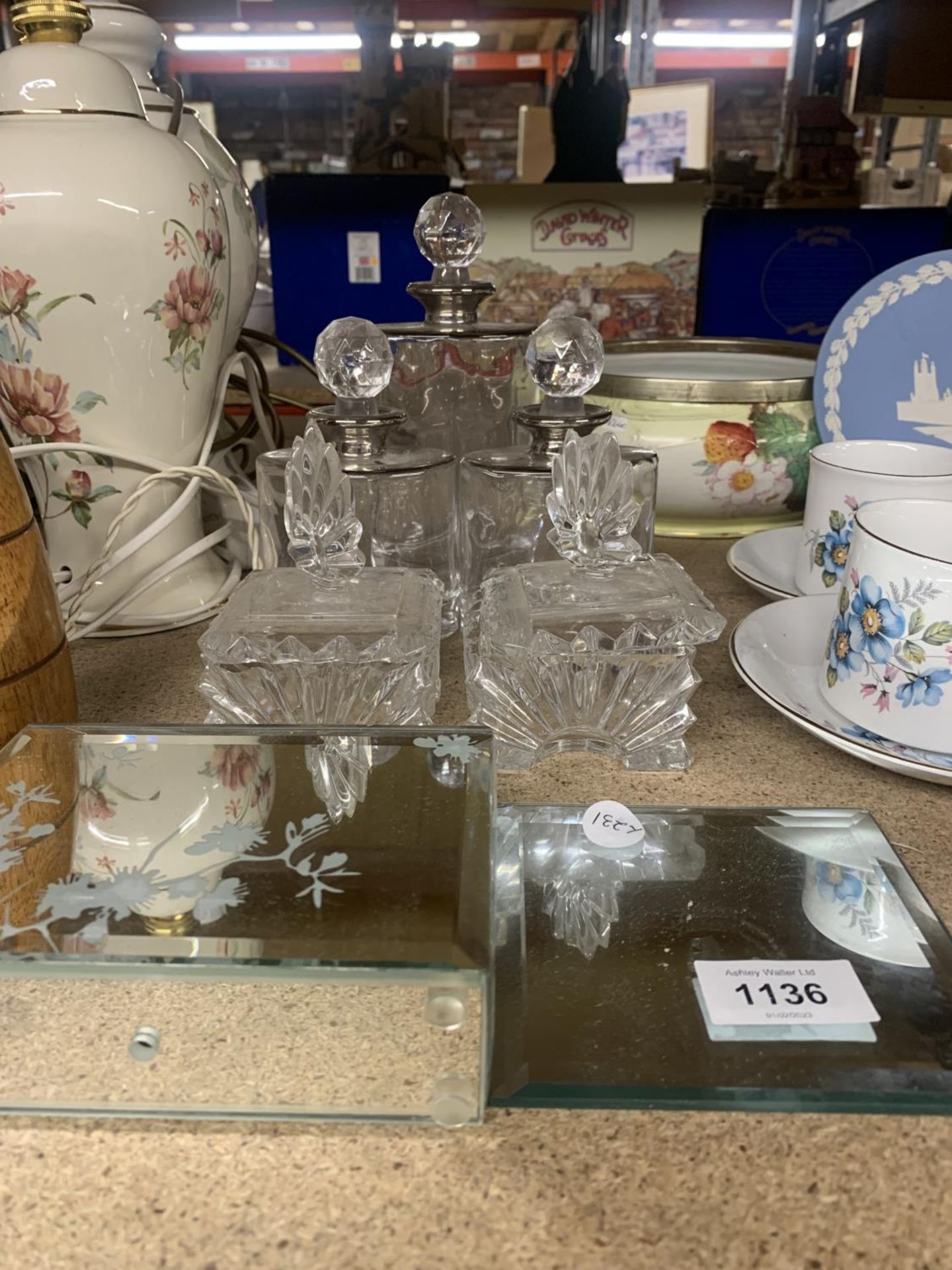 THREE GLASS DECANTERS, TRINKET BOXES, MIRRORED FLOWER HOLDER, ETC