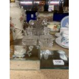 THREE GLASS DECANTERS, TRINKET BOXES, MIRRORED FLOWER HOLDER, ETC