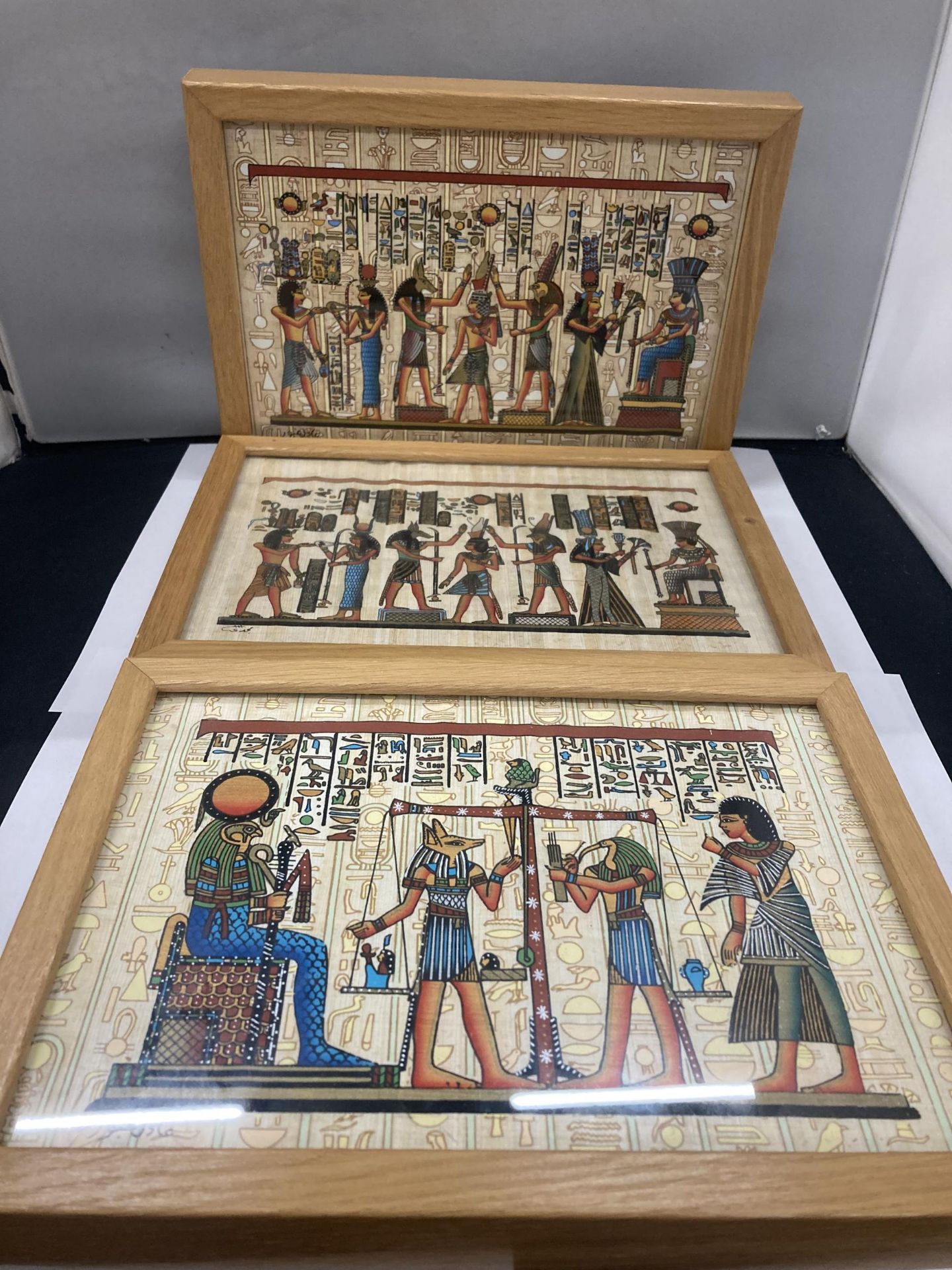 THREE FRAMED EGYPTIAN PRINTS ON PAPYRUS