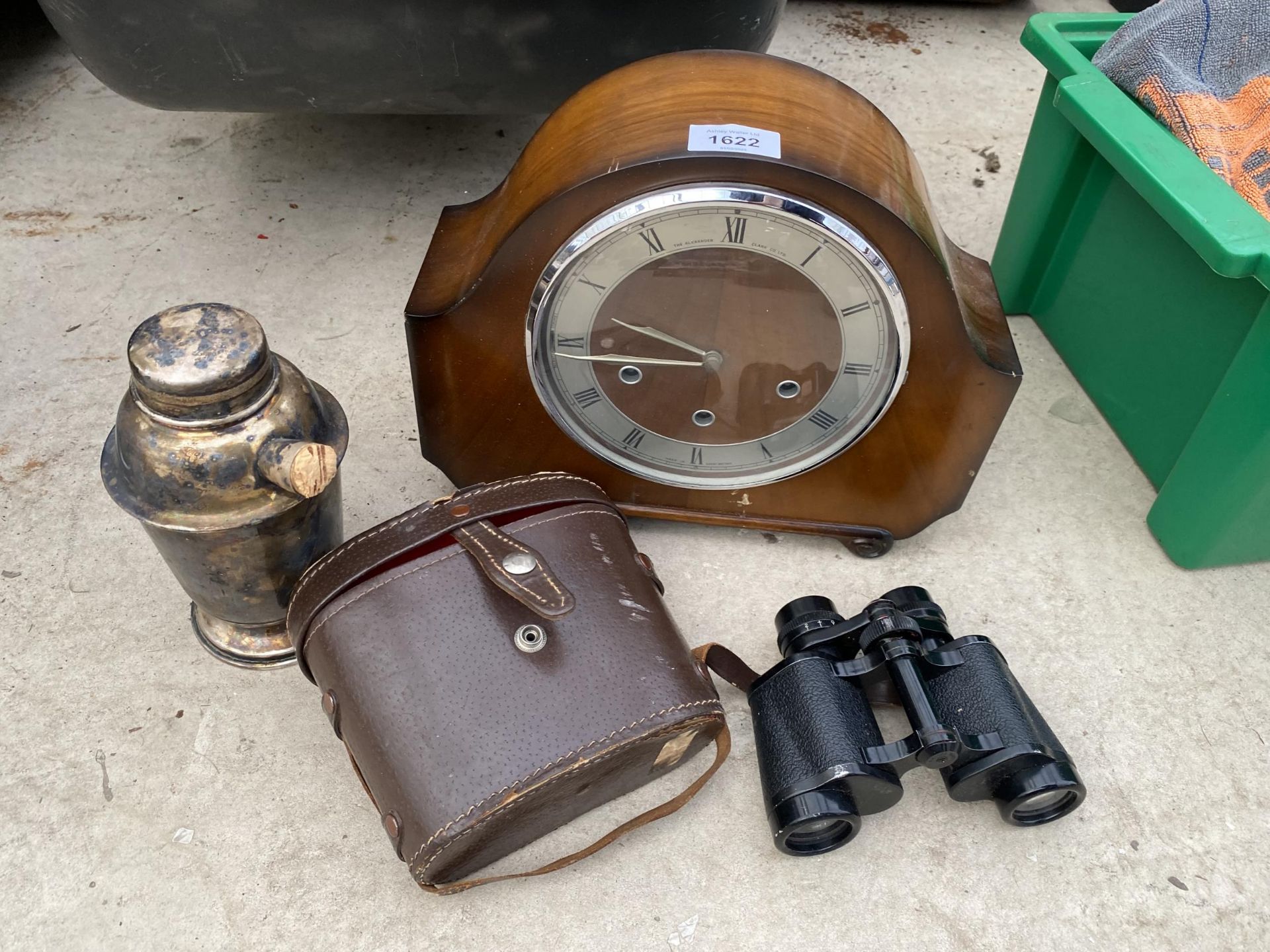 A WEST MINISTER CHIMING MANTLE CLOCK, BINOCULARS AND A COCKTAIL SHAKER ETC