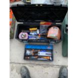 A STANLEY PLASTIC TOOL BOX AND AN ASSORTMENT OF TOOLS TO INCLUDE AN ADJUSTABLE SPANNER AND SCREW