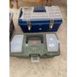 TWO PLASTIC TOOL BOXES CONTAINING AN ASSORTMENT OF TOOLS TO INCLUDE SCREW DRIVERS AND PLIERS ETC
