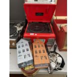 A STEEPLETONE PORTABLE RECORD PLAYER AND AN ASSORTMENT OF ITEMS