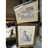 TWO FRAMED PRINTS, ONE A PARIS FASHION PLATE, THE OTHER A FARMHOUSE