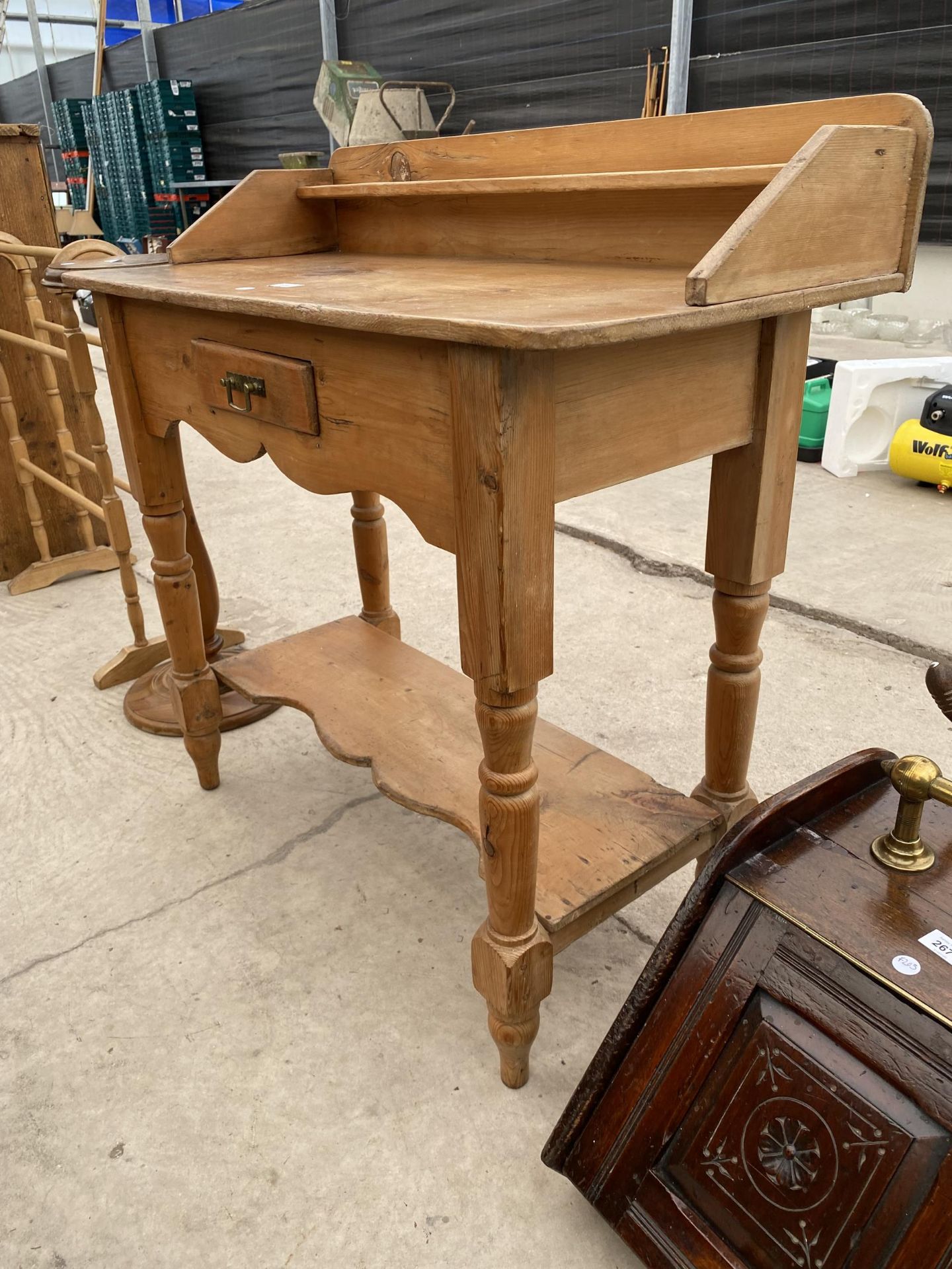 A VICTORIAN PINE WASHSTAND WITH RAISED BACK AND SINGLE DRAWER, 35" WIDE - Image 2 of 2