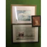 THREE VINTAGE FRAMED PRINTS TO INCLUDE 'MAILCOACH', A CASTLE SCENE AND A YOUNG GIRL IN PRAYER