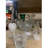 A QUANTITY OF GLASSWARE TO INCLUDE VASES, BASKET, ROSE BOWL, SUGAR SIFTER ETC.,