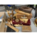 A QUANTITY OF TREEN ITEMS TO INCLUDE BOXES, FIGURES, PAN PIPES, ETC