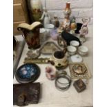 A MIXED LOT TO INCLUDE CERAMIC VASES, FIGURES, CUPS, A SMALL AMOUNT OF COSTUME JEWELLERY, SILVER